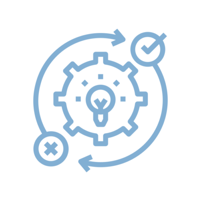 A lightbulb inside a gear with arrows encircling it, accompanied by check and cross marks. Represents innovation and process improvement.