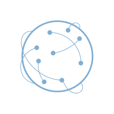 Abstract representation of a network or global connectivity, featuring a circle with multiple interconnected nodes and curved lines.