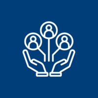 White outline of two hands supporting three connected people icons on a blue background, representing community or social support.