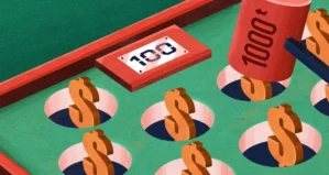 A stylized game board resembling Whac-A-Mole, with dollar signs in place of moles. A large mallet labeled "1000" is poised above one of the dollar signs, suggesting a focus on hitting monetary targets or financial challenges.