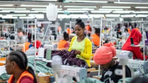 A large garment factory with several individuals working at sewing machines. One person in the foreground is focusing on fabric, while others are working at stations in the background.