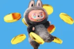 A cartoonish character in a fluffy, grey, animal-like costume with large, colorful eyes and a wide, toothy grin. It is surrounded by several floating golden coins against a blue background.