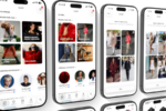 A series of smartphones displaying a fashion app interface with various clothing categories, suggested outfits, and images of people in different styles.